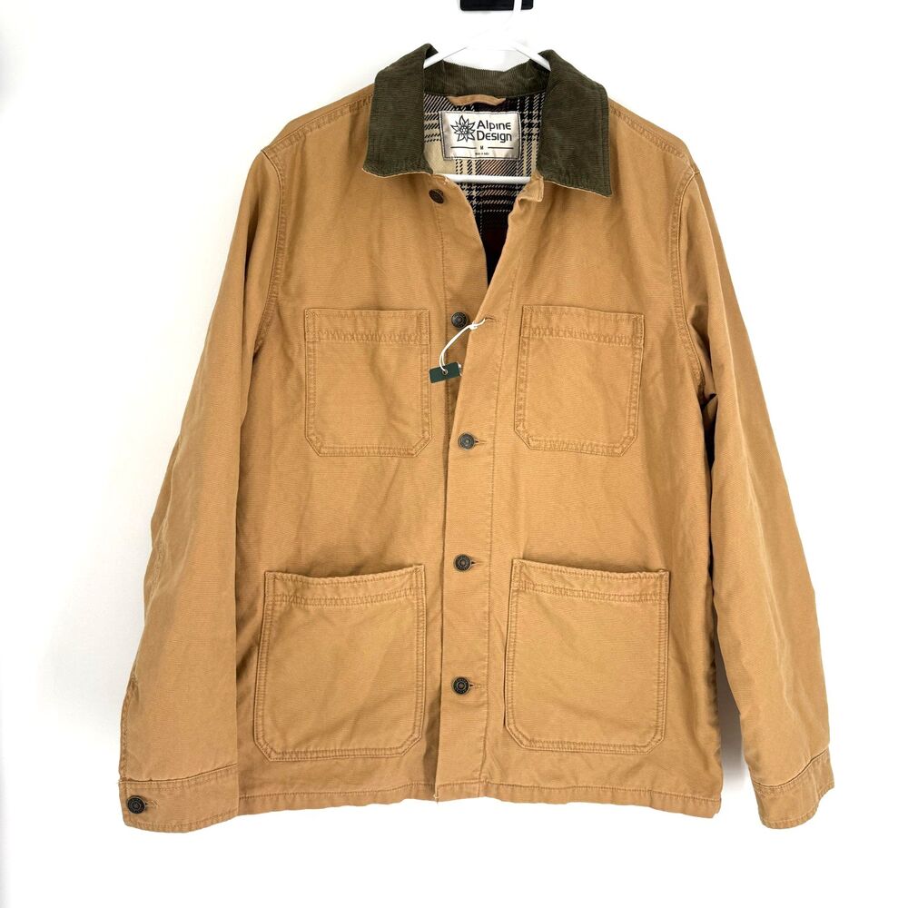 Alpine Design Chore Jacket Canvas Corduroy Collar Tan Barn Outdoor Lined Sz M